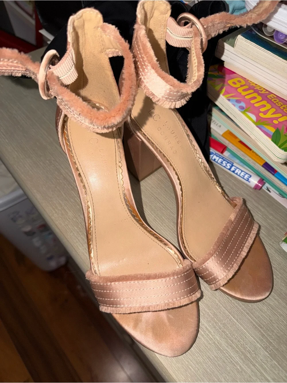 LC Lauren Conrad Blush Satin Ankle-Strap Block Heels